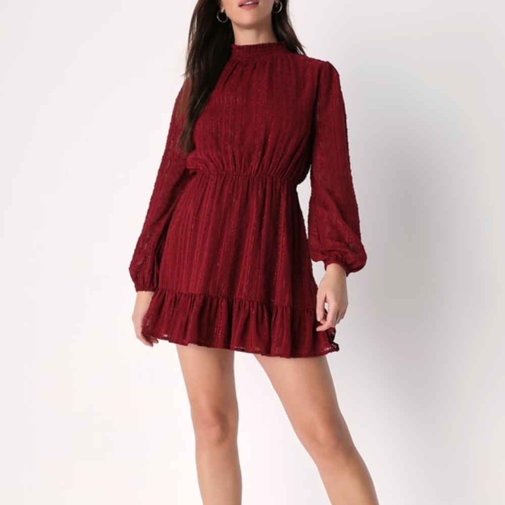 Lulus Cheerful charmer wine red lured long sleeve mini dress